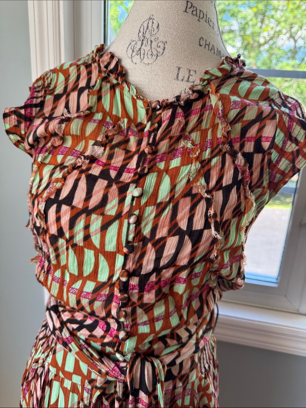 Free People Sahara Jumpsuit bold geometric print fly away pants ruffled EUC Smal - Picture 4 of 12